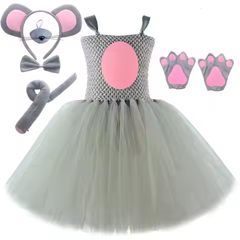 Baby Girls Grey Mouse Costumes for Kids Gray Rat Princess Dresses with Ears Bow Tie Tail Children Ha
