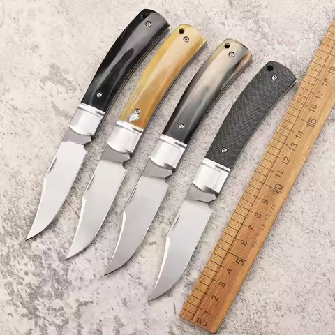 Portable Folding Pocket Knife Bull Horn Carbon Fiber Handle 14C28N Steel Blade Outdoor Survival Camp