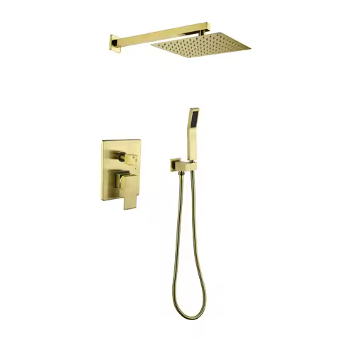 10" Rain Shower Head Combo Set, High Pressure Dual Shower Head, Valve & Trim - Brushed Gold