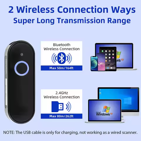 2D Mini Bluetooth Barcode Scanner 2.4G Wireless Barcode Scanner 3-in-1 Portable Handheld 1D 2D QR Co