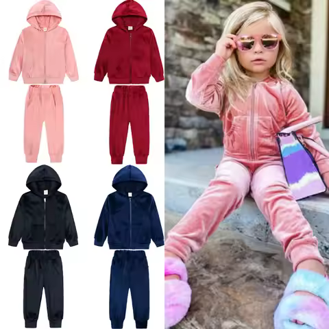 2026 Winter Essentials Little Girls Boys Clothes Golden Velvet Tracksuit 2 Pcs Set Zipper Coat+Pants