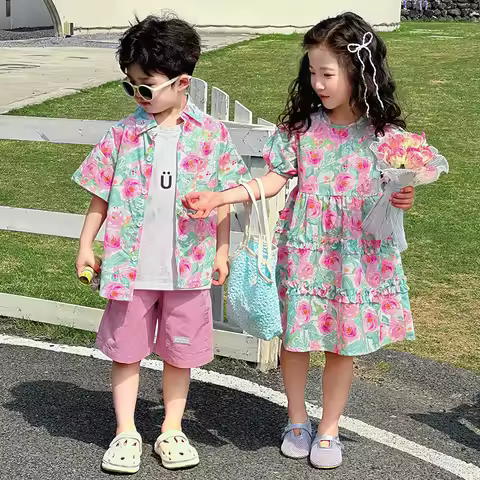 Vacation Summer Kids Baby Boy Flower Shirts 2PCS Suit Cotton Print Bubble Short Sleeve Little Girl D