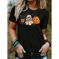 Black Cat Ladies 2025 and Print, Bat Round Neck T-Shirt NEW Short Sleeve Casual Halloween Pumpkin To