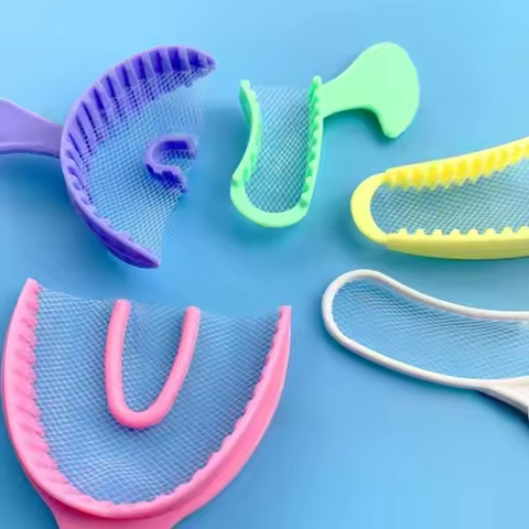 140Pcs Dental Bite Impression Triple Trays Mold Disposable Plastic Registration Tray with Net Teeth