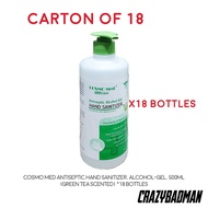 Cosmo Med Antiseptic Hand Sanitizer, Alcohol-Gel, 500ml (Green Tea Scented) [Carton of 18]