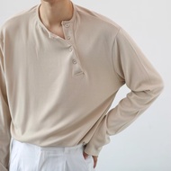 American Retro Men's Henry Shirt Long-Sleeved Washed Distressed t-Shirt Men's Inner Wear Henry Colla