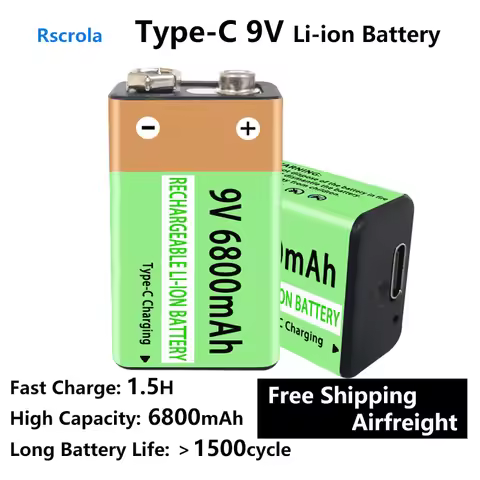 Large Capacity 9V Rechargeable Battery Long-Lasting 9V Li-ion Battery Type-C Port 6800mAh 1.5H Fast 