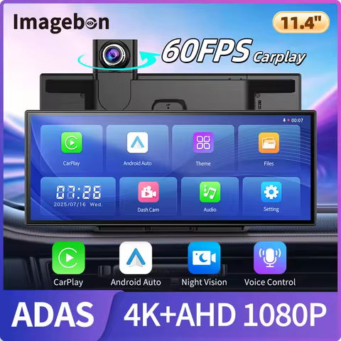 Imagebon H70Plus 11.4" 4K 60FPS Wireless Carplay Android Auto Dash Cam Black Box 2 Channel 24H Parki