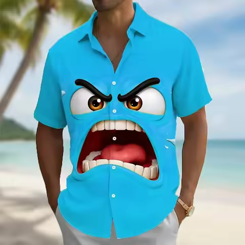 Creative Three-dimensional, Exaggerated Big Mouth Emoji Package Printed Shirt Men's Loose and Versat