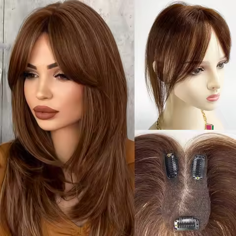 Brown Human Hair Bangs Toppers Hand Tied 7x11cm Borderless Lace Base Topper with Curtain bangs Clip 