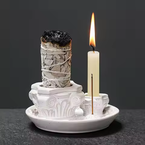 Ceramic Roman Column Candle Holder Sage Incense Burner Nordic Style Wax Tray Home Decor