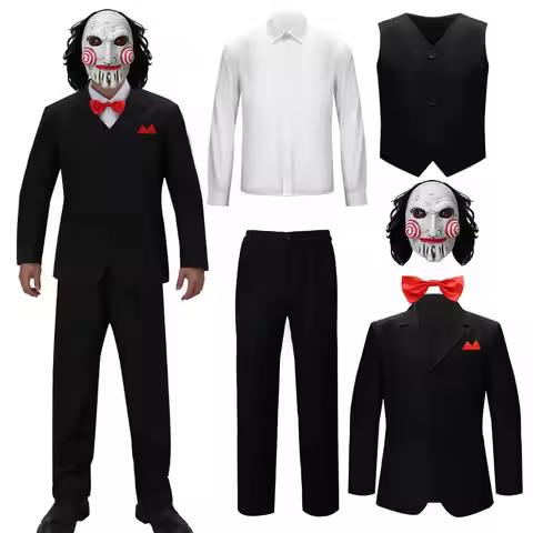 Jigsaw Killer Cosplay Costume with Mask Billy Puppet Suit Saw Halloween Party Outfits for Men Horror