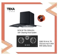 Teka Chimney Hood Stainless Steel NCW 90 T30 Self Cleaning Hood System (1500m3/h) + Built In Hob GS82 3G AI AL 2TR (4.5KW) with Ducting Set