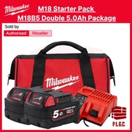Milwaukee M18 Double Starter Pack M18B5X2 M18 x 5.0ah Battery x 2pcs + M12-18C Charger + M18 Contractor Bag (M) Combo