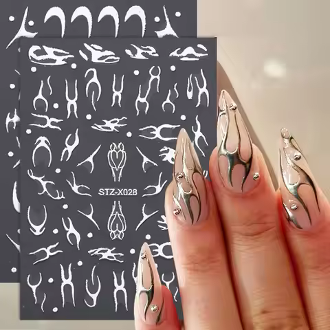 2pcs 3D Y2K Metallic Silvery Fire Nail Sticker 3D Thorn Strips Wave Designs Nail Slider Punk Line De