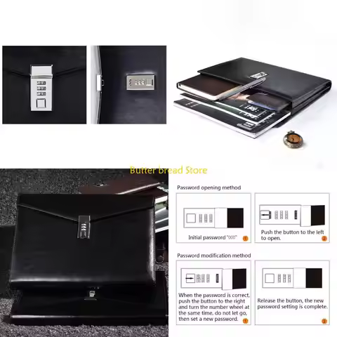 W89C Document File Folder with Password Lock Briefcase PU Leather Office Manager Bag Travel