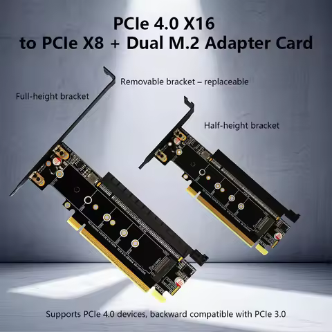 P1K PCIe 4.0 X16 Splitter Adapter Card PCIe X8 + 2×M.2 M-key NVMe SSD Expansion Card for M.2 NVMe 22