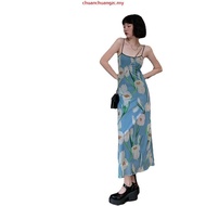 ✦CJ♣Women’s Sexy Suspender Long Dress Fashion Flower Printing Square Collar Skin Dress