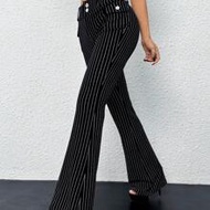 Low-Waist Slim-Fit Striped Flare Pants With Attached Pocket, Black And White