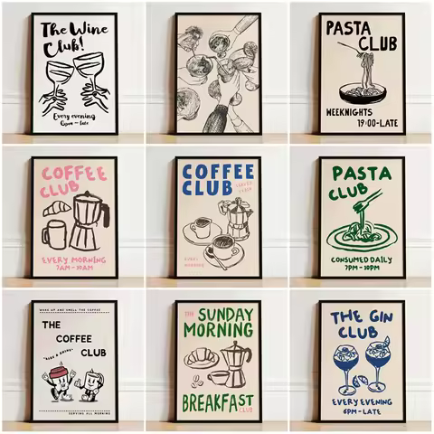 Club Kitchen Poster Coffee Wine Print Pasta Canvas Painting Kitchen Wall Art Picture for Living Room