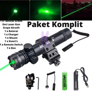 Paket Tactical Green Dot Laser Scope Mount + Baterai +  Charger Airsoft Rechargeable Lampu Laser Hijau Pointer Bisa Di Cas Teropong Tembak Senapan Angin Yang Bagus Jarak Jauh Siang Malam Outdoor Adventure Leser Mini Kecil Murah Terbaru Ori - Black