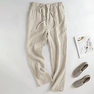 Quần linen nam ống suông, quần dài ống rộng cạp chun có dây rút và khuy trước, phong cách tối giản, 