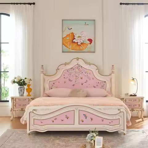 French court girl pink cream wind girl princess bed new all solid wood 1m 81.5M double wedding bed