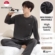 [SG] Pyjamas Men Cotton Round Neck Long Sleeved Pants Pajamas Man Sleepwear Set Casual Home Wear