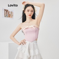 Lovito Casual Plain Lace Bow Front Colorblock Corset Tank Top for Women L52AD017 (Pink/Black) Lovito