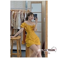 Đầm Midi Trễ Vai Linen Vàng Váy Xòe Vai Bèo Linh Trần Store