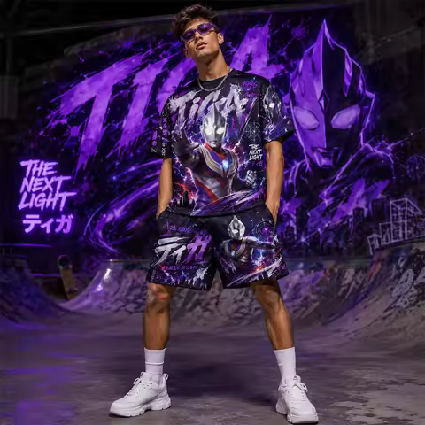 Tiga Ultraman 1996 Purple Galaxy Mesh T Shirt Shorts Set For Men Women Fans Quick Dry Loose Summer T