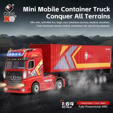 WLtoys 6408 1:64 4WD Full Proportional RC Container Truck, 2.4G Mini Remote Control Tractor Trailer 
