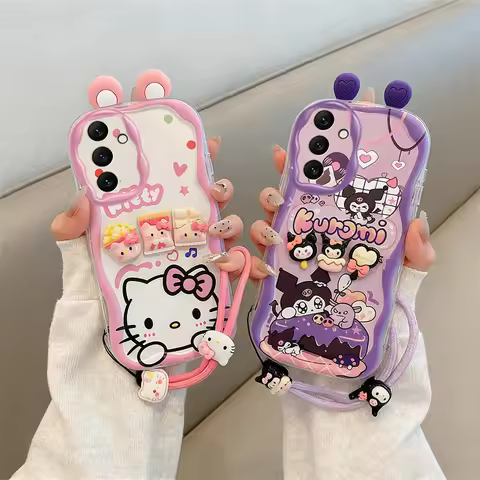 3D Sanrio Cute Ears Kuromi Hello Kitty Phone Case For iPhone 6 7 8 6s Plus Wrist Strap Cartoon Cover