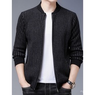 Jaket Sweater Tebal Lelaki Musim Bunga dan Musim Gugur Kolar Besbol Lelaki Bergaya Berjalur Cardigan