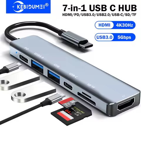 KEBIDUMEI 7-in-1 USB C Docking Station USB 3.0 HUB 5Gbps Type C to HDMI/USB3.0/PD100W/SD/TF/USB-C HU