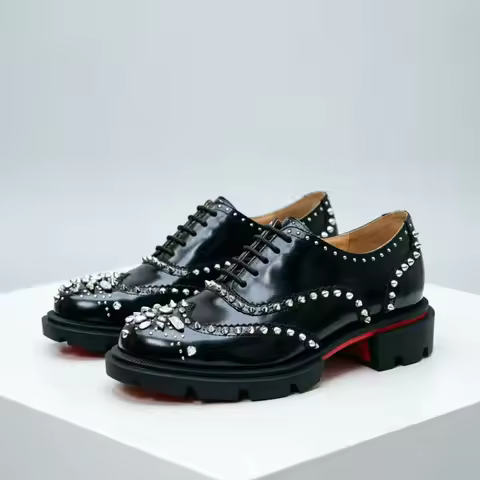 Men's Leather Oxford Shoes with Crystal Rivets Thick Sole Red Bottom Style Formal Dress Shoes for We