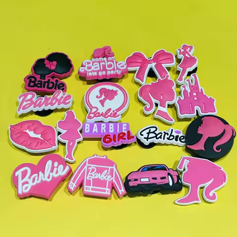 17PCS Cartoon Miniso Disney Barbie Girl Car Coat Bow Lips PVC Shoe Charms For Clog Pins Children Ado