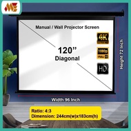 120" 10 ft【 PROJECTOR SCREEN】Manual Screen / Wall Screen width with 4:3 [Matte White] 96 width x 72 
