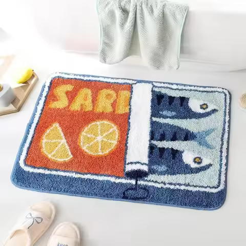Orange and Blue Sardine Can Welcome Mat Non‑Slip Rug for Cute Kitchen Home Decor