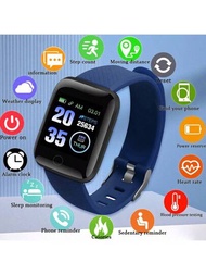 1 件男女通用 1.44 英寸觸摸屏多功能智能手錶,帶藍色矽膠錶帶,包括各種運動模式、相機、社交應用通知、心率和睡眠監測器,功能,兼容 Android 和 Ios 系統