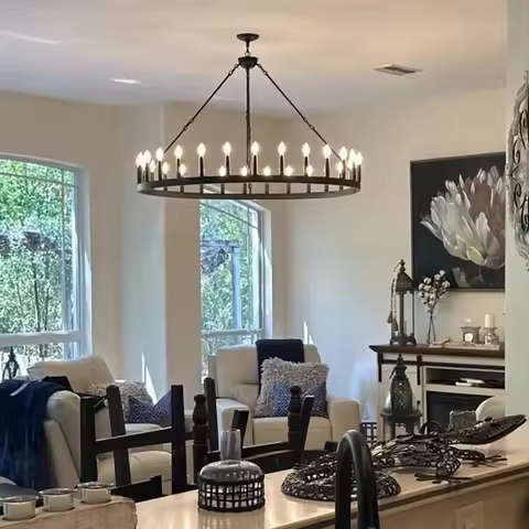 American Wrought Iron Circular Pendant Light, Candle Pendant Light, Retro Circular Dining Room Light