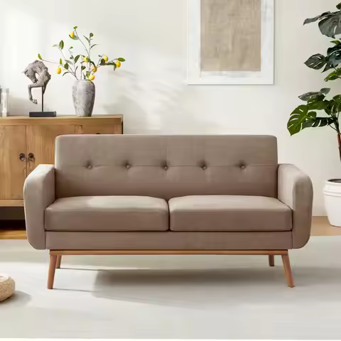 60" Sofa Couch, Loveseat Sofa with Solid Wood Frame (Brown)
