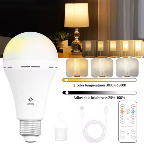 1pcs E27 LED Bulb Lamps USB-C Rechargeable Emergency Light with IR Remote Control 3000K-6000K for In