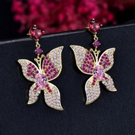 Charming Butterfly Design Gold Plated Dangling Earrings Ruby CZ Crystal 925 Silver Pin Earing for Fe