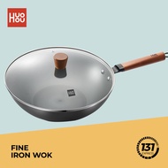 Huohou Fine Iron Wok [ 5.3L, Uncoated, German Standard Steel, Wooden Handle, Visible Glass Lid, Non-Stick, Home, Cook ]