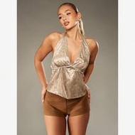 Metallic Snake Print Halter Neck Top With Empire Waist And Silver Binding Party Evening Club Festiva