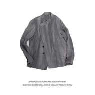 亞麻襯衫男水洗皺不規則設計復古交叉領老廚休閑風襯衣