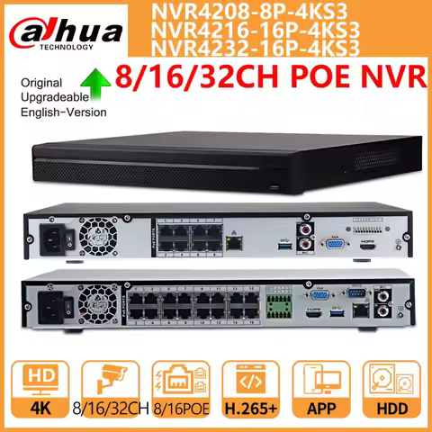 Dahua NVR 8CH NVR4208-8P-4KS3 16CH NVR4216-16P-4KS3 32CH NVR4232-16P-4KS3 8PoE 16PoE 1U 2HDDs Networ