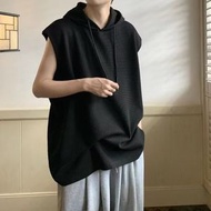 克萊因藍華夫格無袖連帽衛衣男oversize美式籃球運動背心短袖t恤-黑色 M