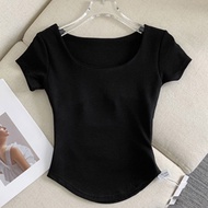 Zhu Xia Pure Desire cổ áo vuông ngắn tay áo thun nữ mùa hè ngắn bó sát áo mỏng